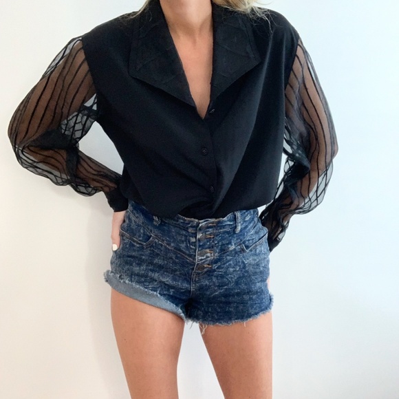 Vintage Tops - Vintage Balloon Sleeve Blouse Button Up